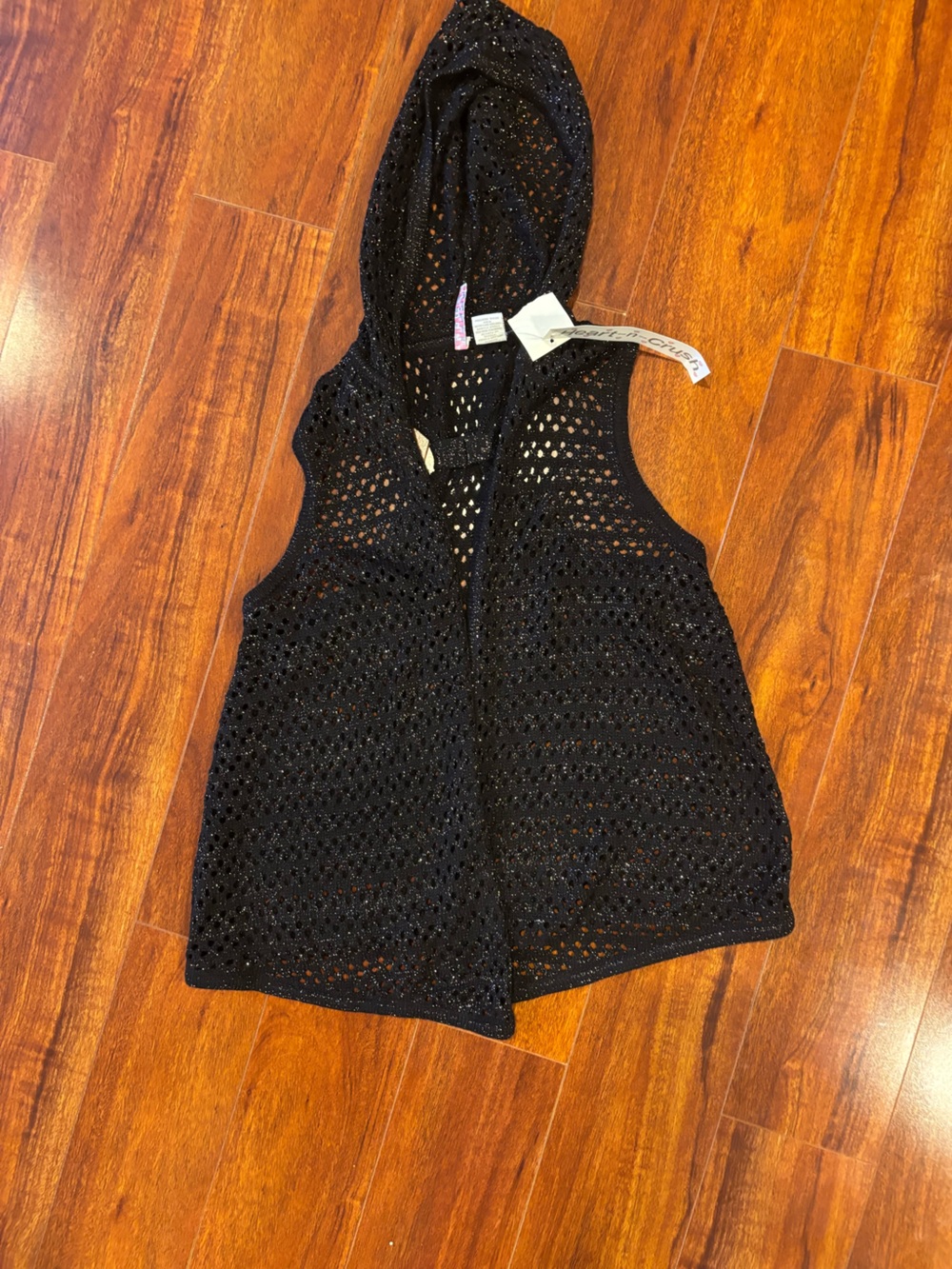 Hooded Black Crochet Swim Coverup Vest